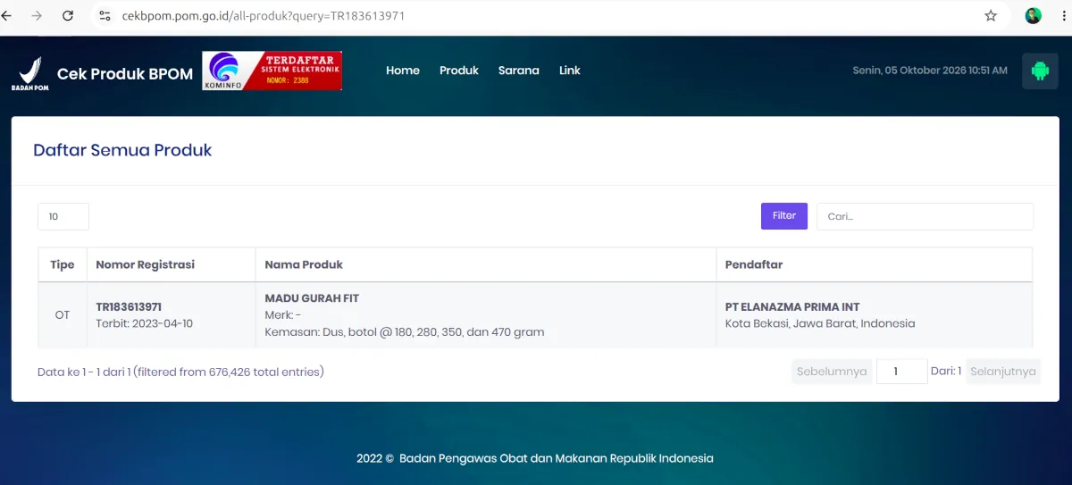 registrasi bpom madu gurah fit