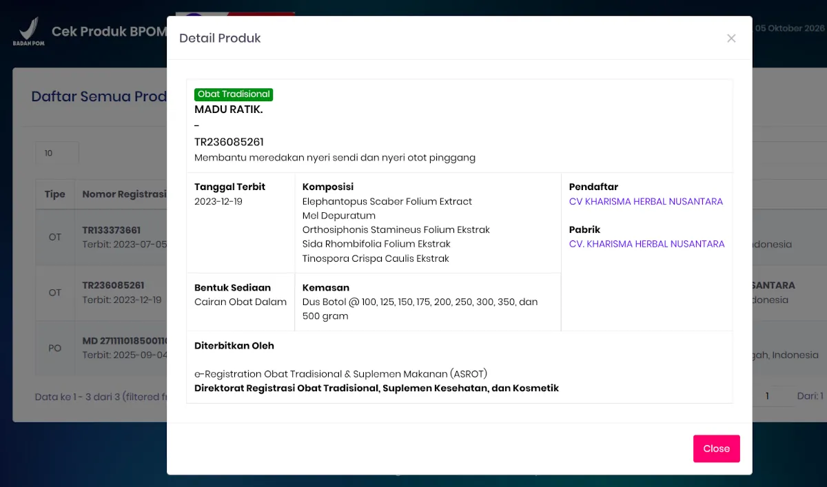 registrasi bpom madu ratik