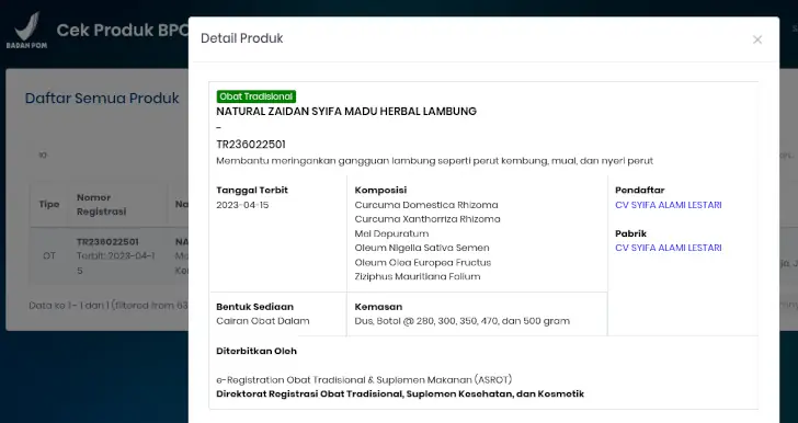 madu Zaidan Syifa BPOM